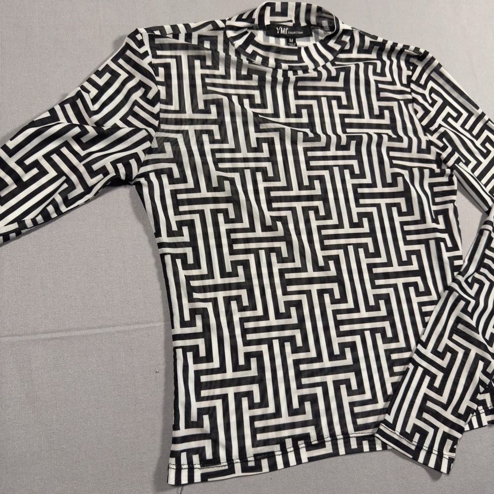 YMI Collections Womens M Black White Geometric Mesh Top Long Sleeve Sheer - Picture 3 of 7